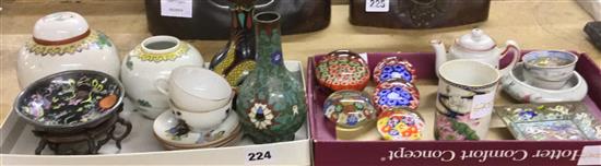 Group of small Oriental ceramics, paperweights & cloisonne enamel items